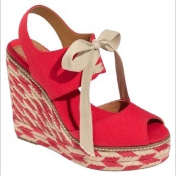 NWT Tory Burch Red Canvas Espadrille Wedges - Picture 1 of 5